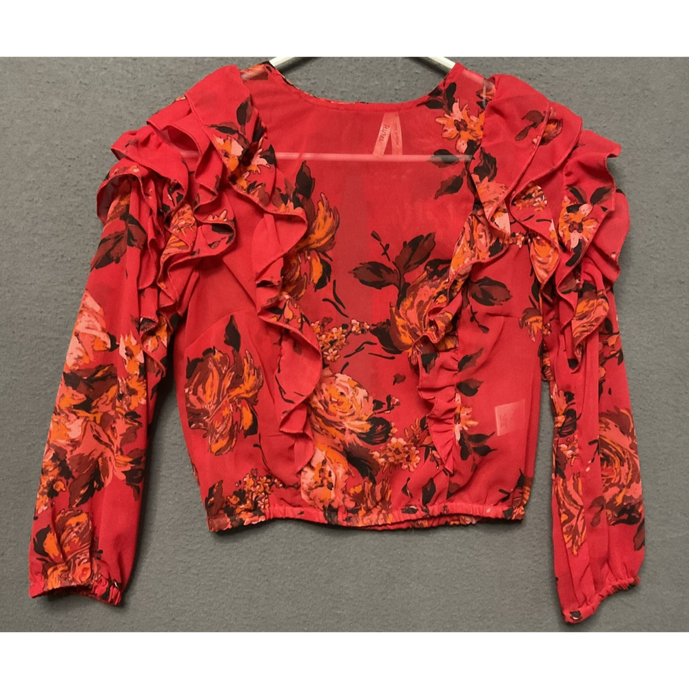 Truth NYC Blouse Womens Small Red Floral Ruffle Long Sleeve Sheer Top Boho Chic